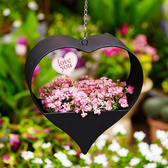 Metal Plant Hangers Indoor and Outdoor for Mom Women Her Wife Garden Lovers Birthday - Heart Shape Hanging Planters for Window Wall Living Room Office Decor(Black)