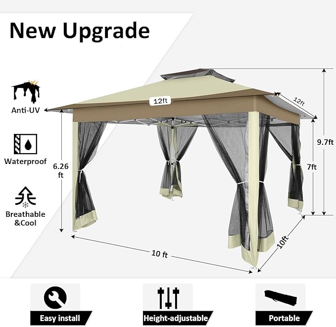 COBIZI 12x12 Pop Up Gazebo On Clearance - Upgrade Easy Up Metal Outdoor Canopy Waterproof - Portable Gazebo with Mosquito Nettings, 4 Ropes 8 Stakes and Carry Bag for Patio Garden(Khaki)