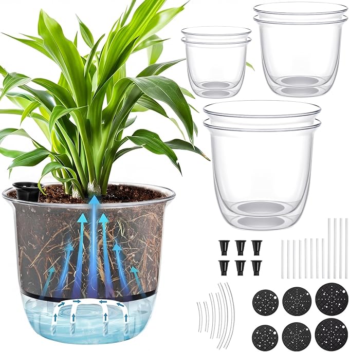 6 Pcs Clear Self Watering Pots for Indoor Outdoor Plants Flowers, 2 Each of 4, 5 and 6 Inch Self Watering Planters with Reservoir, Drainage Hole and Absorbent Cotton Rope