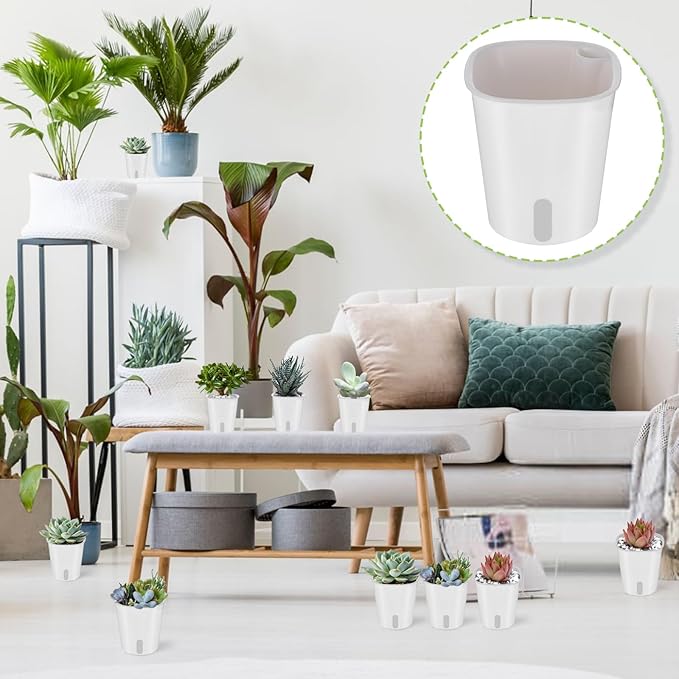 24 Pcs Self Watering Pots for Indoor Plants, 3 Inch White Plastic Self Watering Planters with Water Level Indicator - Perfect for Succulents