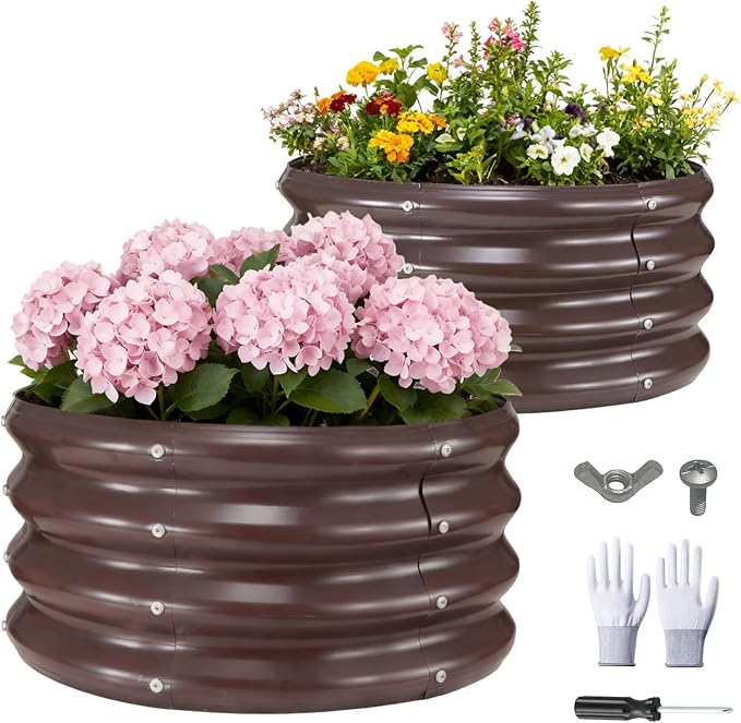 GOOZOO 2PC Galvanized Planter Raised Garden Beds, 2x2x1ft Raised Garden Bed Kit for Gardening Outdoor, Round Metal Land Planter Box for Vegetables, Fruits, Flowers（Brown）