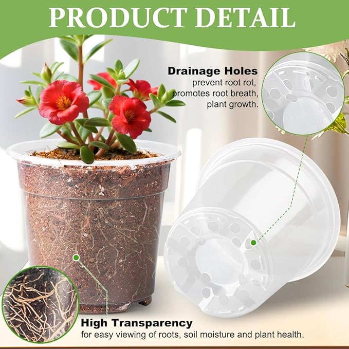 60 Pack 6 Inch Clear Nursery Pots for Plants, Flexible Plastic Plant Pots with Drainage Holes, Transparent Plant Starter Pots for Seedlings, Vegetable, Succulents, Flowers