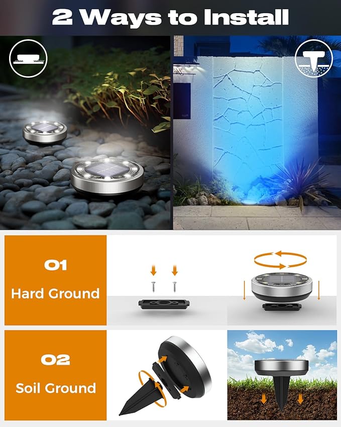 btfarm 24 Pack Solar Lights Outdoor, 8 LED Solar Ground Lights IP65 Waterproof Flat Solar Disc Light, Pathway Lights for Garden Lawn Yard Christmas Decorations, Red+Blue+Cool White