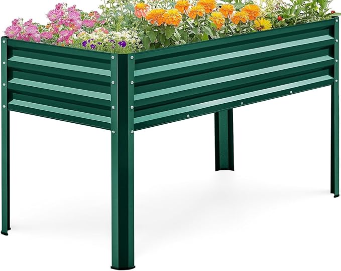 KING BIRD Large Raised Garden Bed with Legs Galvanized Elevated Planter Box 48×24×32 in for Backyard, Patio, Balcony, 400lb Capacity, Green