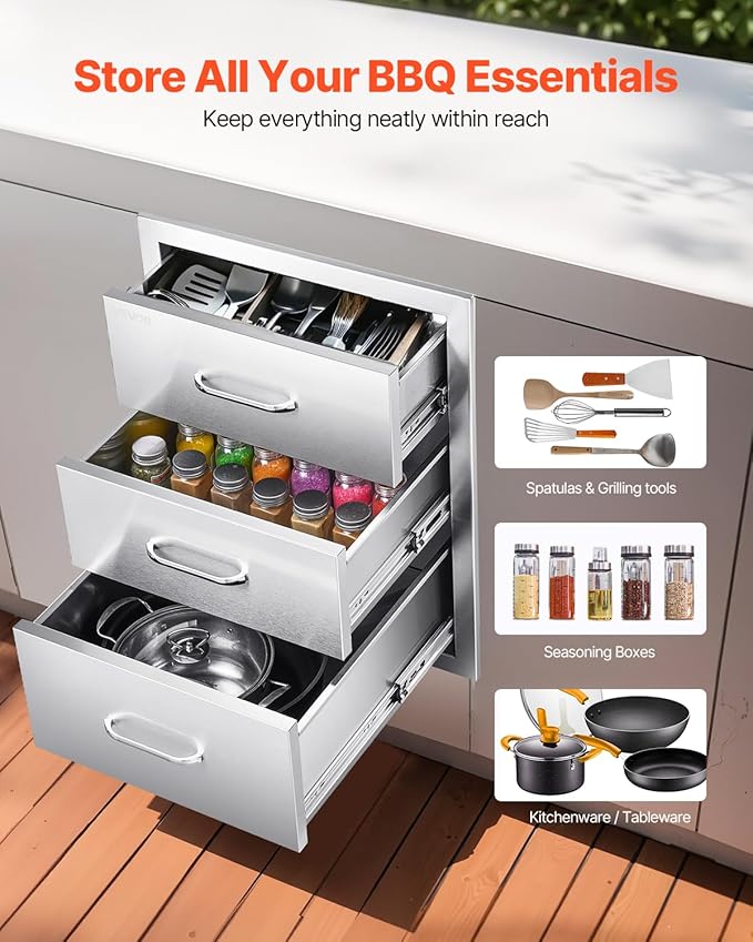 VEVOR Outdoor Kitchen Drawers 18.11" W x 23.23" D x 23.23" H, Triple-Access Stainless Steel Modular Drawer Cabinet with Handles, BBQ Island Drawer for Outdoor Kitchen or BBQ Island Patio Grill Station