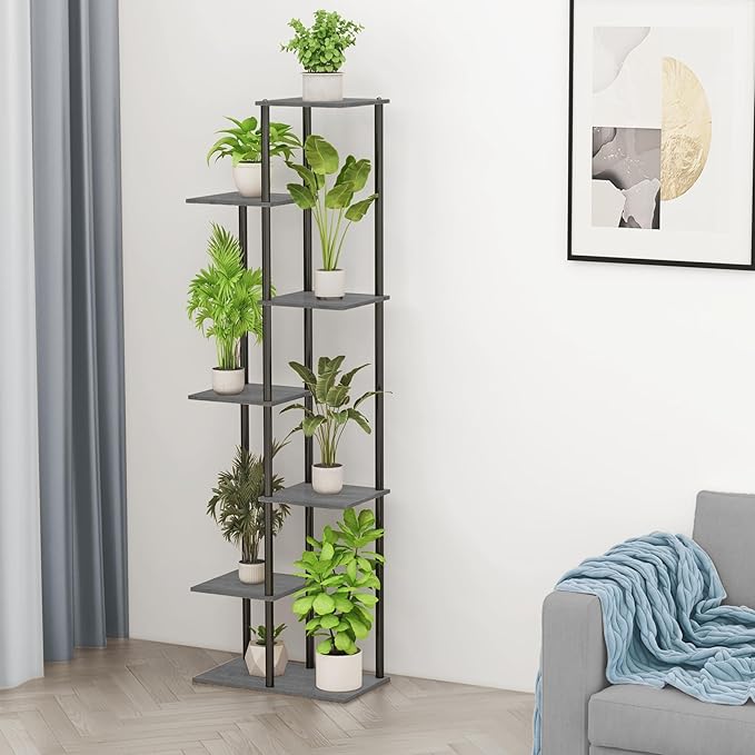 Plant Stand Indoor 7 Tier 8 Potted Metal Wood Plant Shelf, Multiple Flower Pots Corner Tall Plant Holder Stands for Living Room Balcony Bedroom, Oak Grey