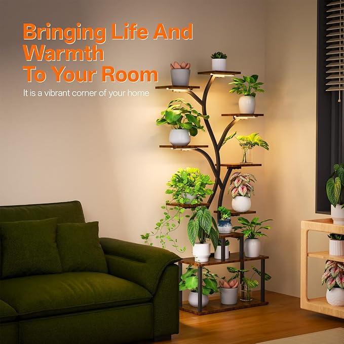 Bstrip 63 Inch Plant Stand with Grow Light, 10-Tier Plant Shelf for Indoor Plants, Decor Tree Shaped Flower Stand for Home, Corner & Patio