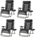 Zero Gravity Chair Set of 4 Oversized Padded Recliner with Adjustable Headrest & Cup Holder - 600D Oxford Folding Lounge Chair for Outdoor Camping, Patio, Poolside (Black & Gray)