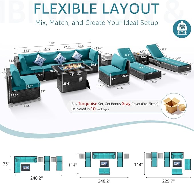 NICESOUL 11 Piece Patio Furniture Set with Fire Pit Table Natural Gas/Propane, 29.3'' High Back Large Outdoor Patio Sectional with Fire Pit & Chaise Lounge, Wicker Deep Seating, Turquoise & Grey