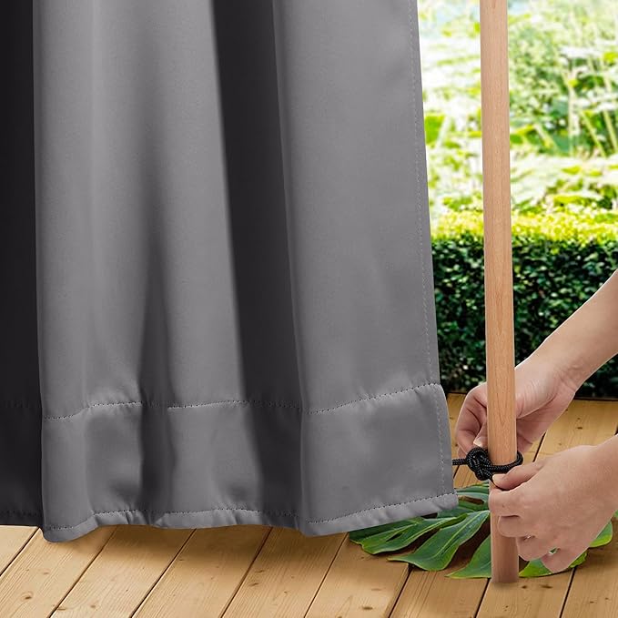 NICETOWN 2 Panels Outdoor Curtains Waterproof Grommet & Back Tab on Top & Bottom, Thermal Insulated Fixed Windproof Blackout Outdoor Drapes Privacy for Patio with Rope for Fixed, W52 x L95, Grey