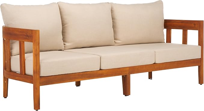 SAFAVIEH Outdoor Collection Owen Acacia Solid Wood Natural/Taupe Cushion 3-Seater Sofa