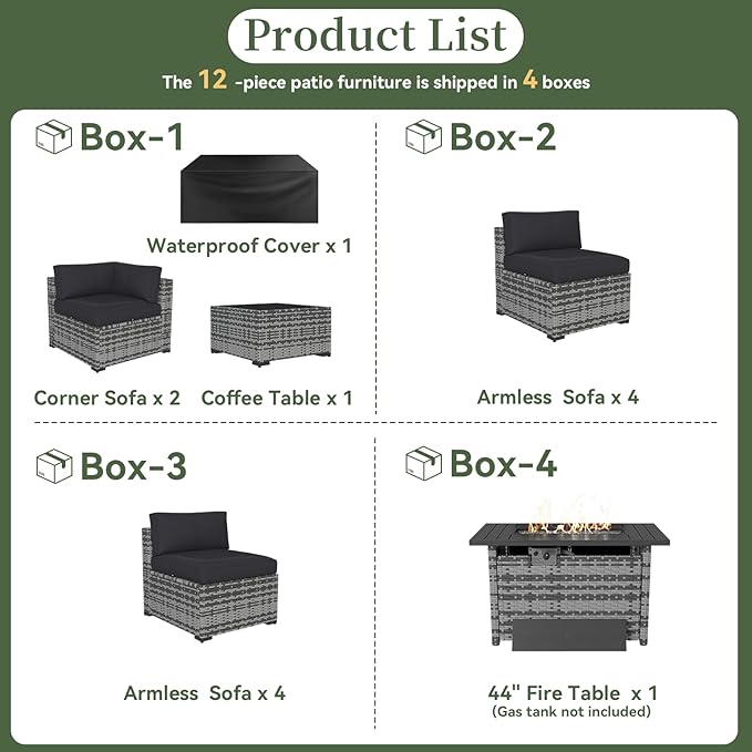 Aoxun 12 Piece Patio Furniture Set with 44” Fire Pit Table Wicker Rattan Outdoor Sectional Sofa Set with Coffee Table and Thickened Cushions, Grey/Black (Waterproof Cover Included)