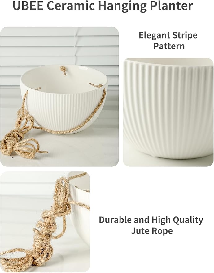 UBEE Ceramic Hanging Planters Indoor Outdoor, 7.5 Inch + 6.5 Inch Hanging Flower Pot for Plants Hanging Basket for Succulent Pothos Herbs Window Home Decor, 2 Pack, White