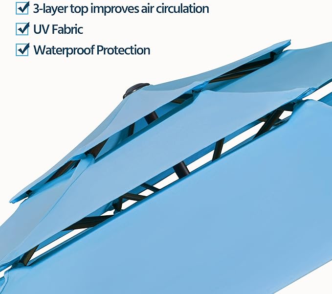 Yaheetech 3-Tier Patio Parasol 10ft Vented Outdoor Canopy Sun Shade Large Market Table Umbrella Double-layer Cloth & Push-button Tilting for Yard/Garden/Park Sky Blue