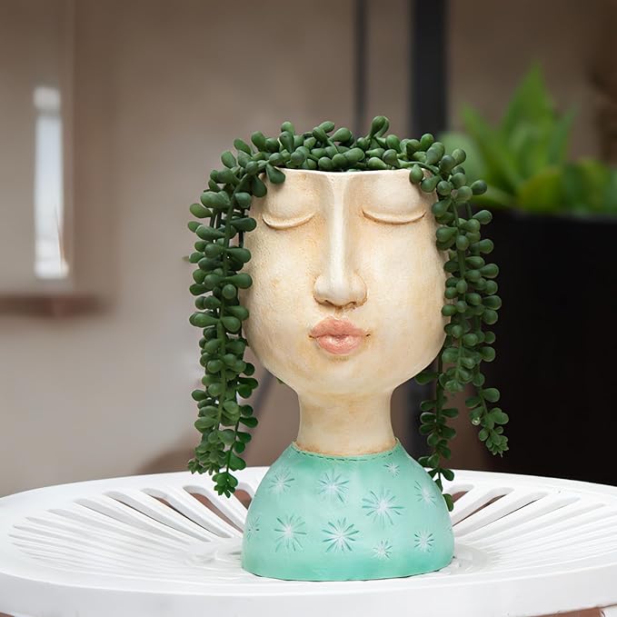 DiliComing Resin Face Planters Pots Head - 8 Inch Indoor and Outdoor Pot with Drainage Hole for Succulents Plants Home Garden Decor Unique Girl Sculpture Plant Pot