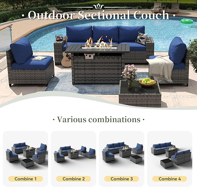 Aoxun 7 Piece Patio Furniture Set with Wide Armrests & 44” Fire Pit Table Wicker Rattan Outdoor Sectional Sofa Set with Coffee Table and Thickened Cushions, Gray/Blue(Waterproof Cover Included)