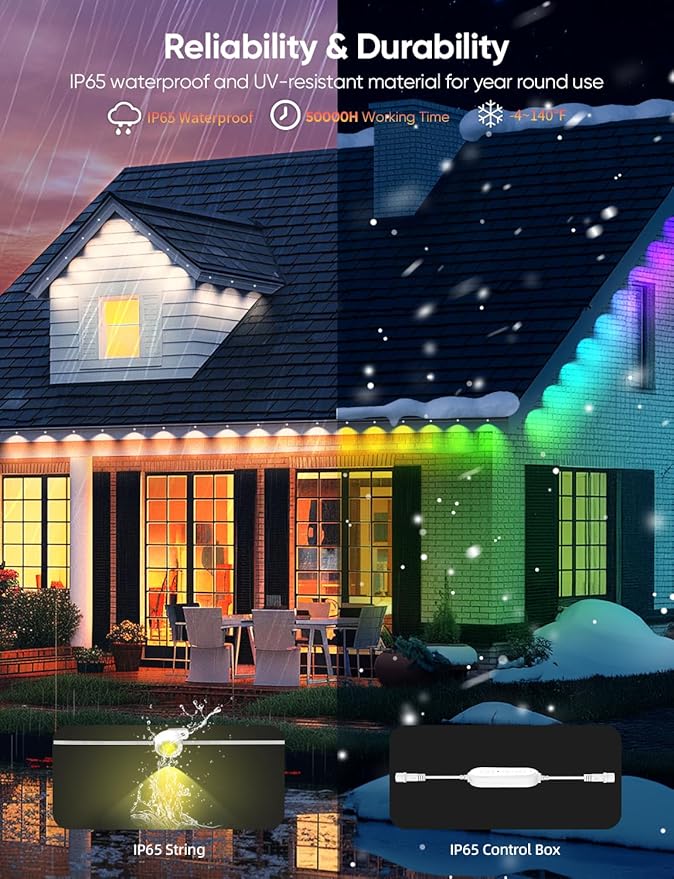 APPECK Permanent Outdoor Lights 50ft with 36 RGBW LEDs, 111 Scene Modes, Eaves Lights with 40lm Warm White, for Daily Holiday House Decor, App/Voice/Remote Control, White