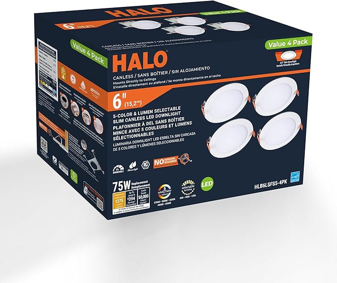 HALO HLB 6 inch LED Recessed Lighting Canless Dimmable Wet Location Selectable Lumens and Selectable Color 27/30/35/40/5000K 4-Pack Indoor Outdoor Soffit Ceiling Lights HLB6LSFS5-4PK