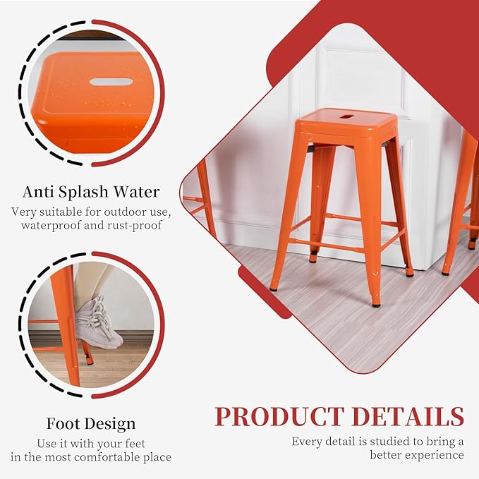 FDW Metal Bar Stools Set of 4 Counter Height Bar Stools 24 Inches Industrial Bar Chairs Patio Stool Stackable Backless Stool Indoor Outdoor Metal Kitchen Stools Bar Chairs (Orange, 24")