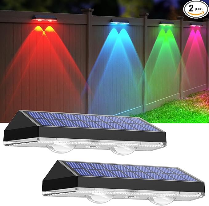 Solar Fence Lights Outdoor, 2PK RGB Solar Lights for Outside Backyard, Patio, Deck Fence, Stair Handrail, Pool and Wall