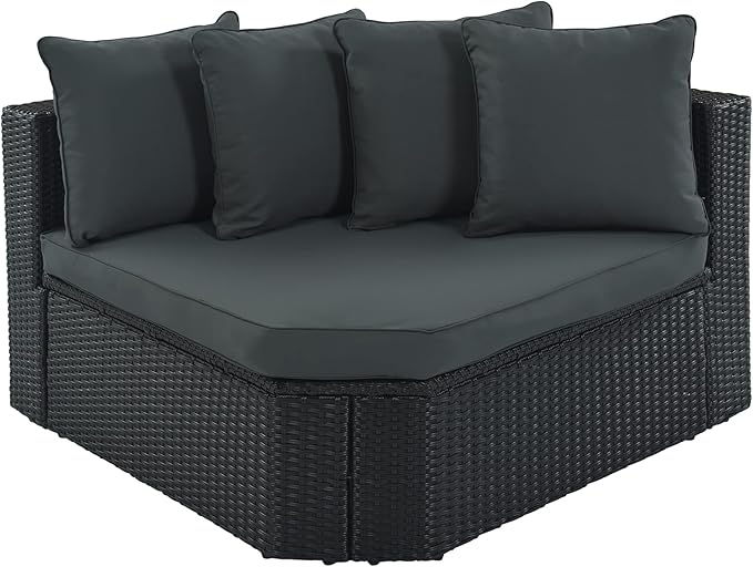Merax 7-Piece Outdoor Wicker Sectional Sofa Set,Modular Rattan Conversation Set with Gray Cushions,Striped Green Pillows & Tempered Glass Coffee Table for Patio,Garden,Deck,Black