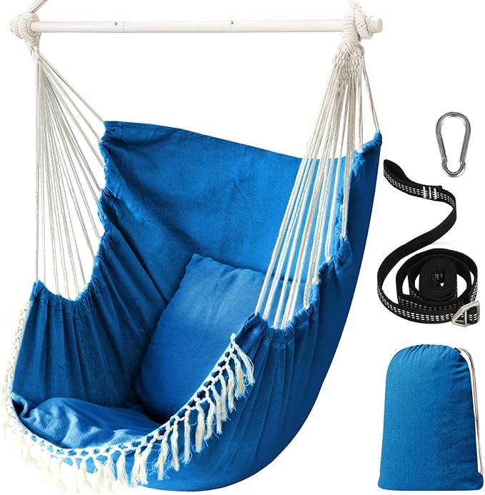 Chihee Hammock Chair Hanging Swing Max 500 Lbs 2 Cushions Included Metal Spreader Bar with Anti-Slip Grooves Portable Hanging Chair Side Pocket Large Macrame Bohemian Chair Indoor Outdoor