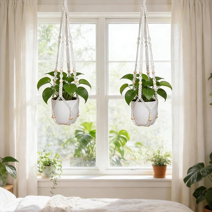 YIBOT Macrame Plant Hanger Indoor Outdoor, Up to 4-15 inch Pot, Heavy 20lb Planters, Extra Long Strong Hanging Planter Basket, Boho Home Decor, 35 Inch, Ivory, Set of 2 (POTS NOT Included)