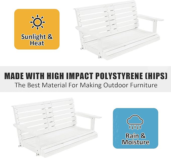 Poly Lumber 2-Seat Porch Swing, HIPS 4.5-Feet Bench Swing with Foldable Cup Holders,18/8 Stainless Steel Hardware, High Backrest and Deep Contoured Seat (Snow White, 4.5-feet)