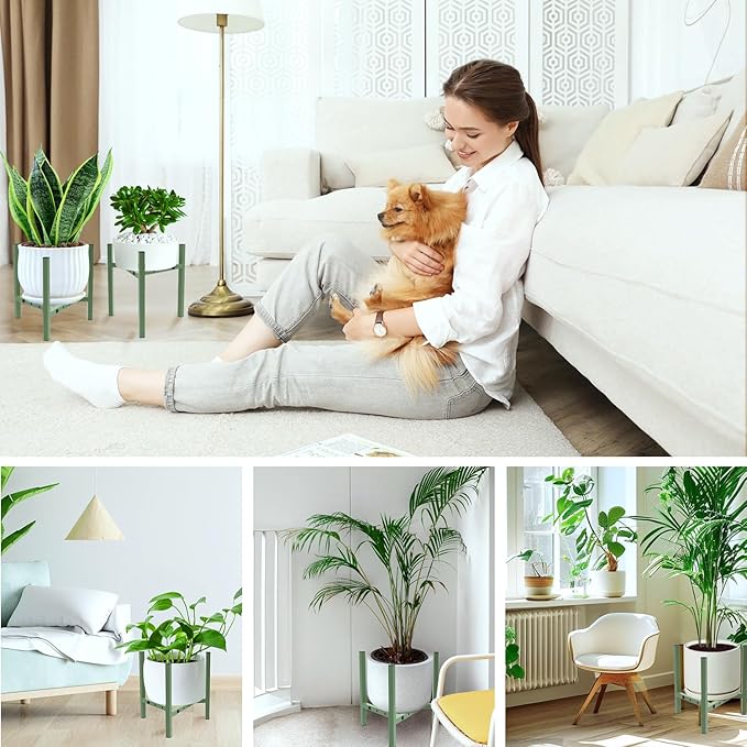 Aripark Plant Stand Indoor Adjustable, Metal Modern Small Plant Stands, Heavy Duty Stable Plant Pot Flower Holder Indoor Outdoor Corner, Fit 8 9 10 11 12 inch Pots, Green (Pot & Plant Not Included)