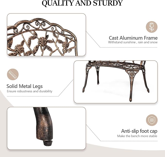 VINGLI 38.5" Patio Park Garden Outdoor Metal Rose Bench, 2-Person Cast Iron Cast Aluminium Frame Antique Finish Chair,Accented Lawn Front Porch Path Yard Decor Deck Furniture (Bronze, Rose)
