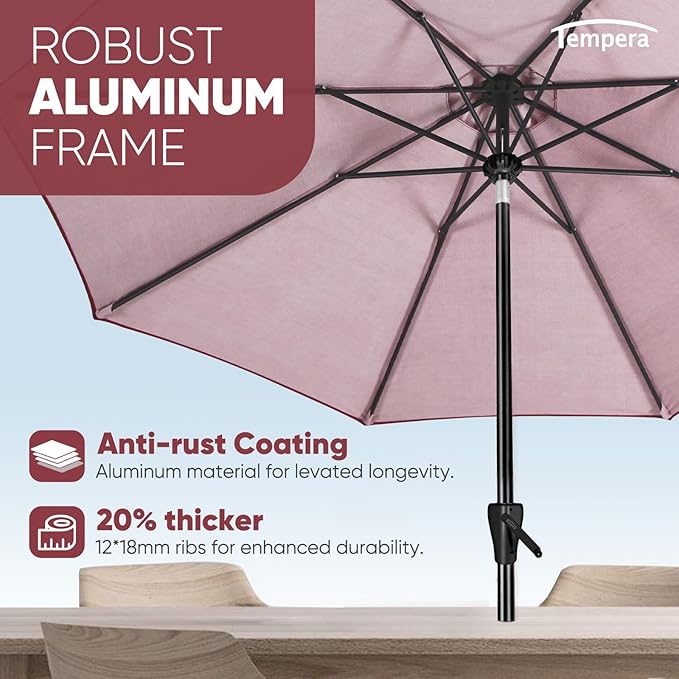 Tempera Patio Market Outdoor Table Umbrella with Auto Tilt and Crank, Large Sun Umbrella with Sturdy Pole & Fade Resistant Canopy, Easy to Set