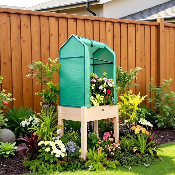 Raised Garden Bed with Greenhouse Cover,Elevated Wood Planter Box with Legs & Non-Woven Liner,34" L x18 W x 66" H Indoor Outdoor Gardening Bed for Vegetables, Herbs, Flowers