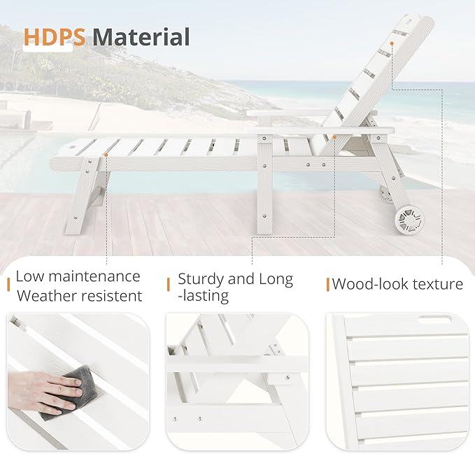 LUE BONA Outdoor Chaise Lounge, HDPS Chaise Lounger, 5 Positions Adjustable Lounge Chairs, Pool Lounge Chair with Wheels for Poolside, Backyard, White