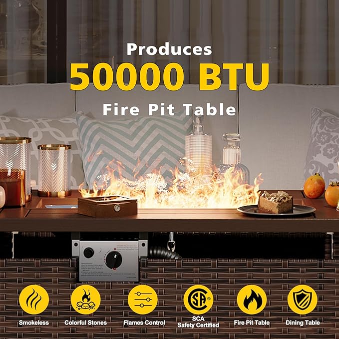 Aoxun Patio Furniture Set with Fire Pit Table, 8 Piece Outdoor Sectional Sofas, Wicker Outdoor Furniture with Thickened Cushion for Backyard, Garden (Brown Rattan Begin Cushions)