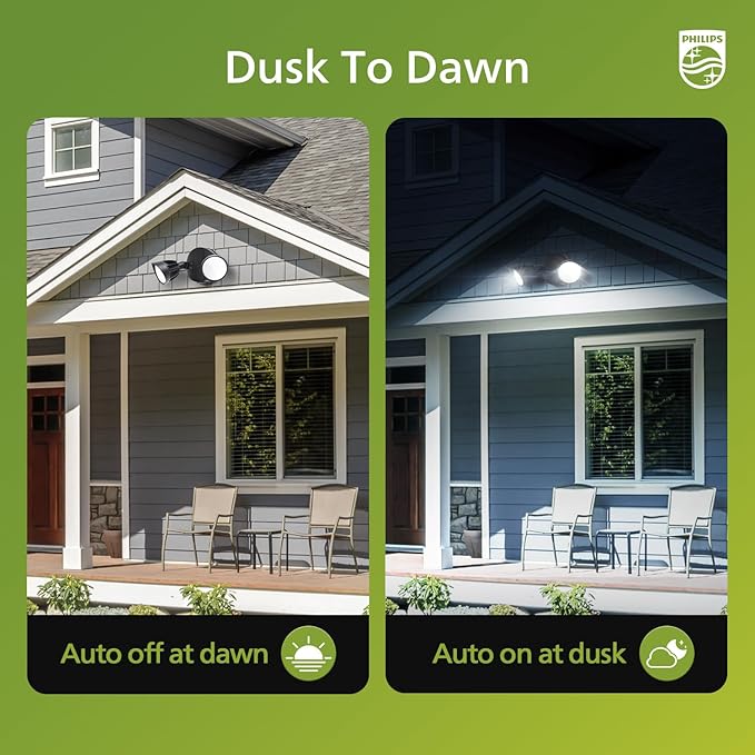 Philips Dusk to Dawn 44W 3500LM LED Security Flood Lights Outdoor, 5000K Daylight, Wet Location, Dual Adjustable Heads Aluminum Wall Light for Yard Garage Porch