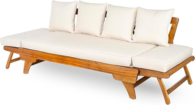 Christopher Knight Home Gary Patio Convertible Couch, Wooden Outdoor Daybed, 3-Seater Acacia Wood Patio Furniture Lounge Sofa for Backyard/Poolside/Garden, Back Pillow+Removable Cushion, Teak+ Beige