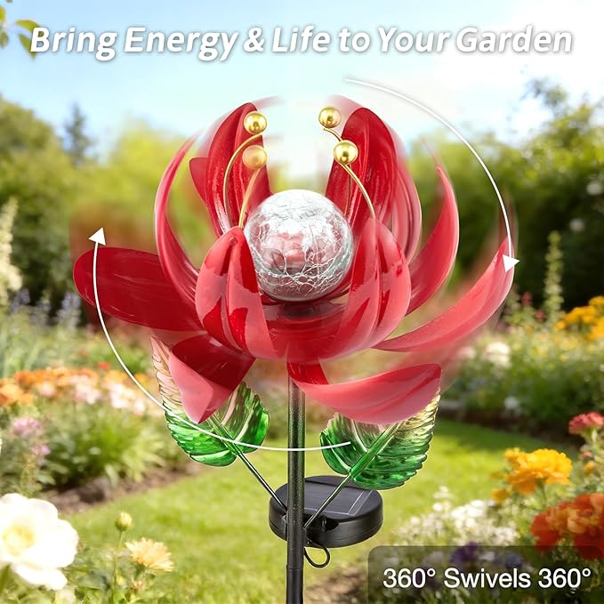 Solar Lights Outdoor Garden Decor, Solar Wind Spinner Yard Decorations Gifts for Outside, Lotus Windmill Pathway with LED Cracked Crystal Ball Waterproof Flower Sculpture for Patio Lawn