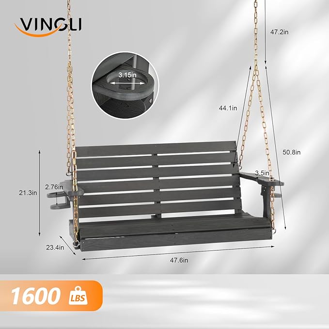 VINGLI Heavy Duty 1600 LBS HDPE Porch Swing Outdoor with Rotatable Cup Holder, 4 FT Patio Bench Swing with Adjustable Chains, 2 Person Hanging Porch Swing Chair for Porch, Yard, Tree, Garden - Grey