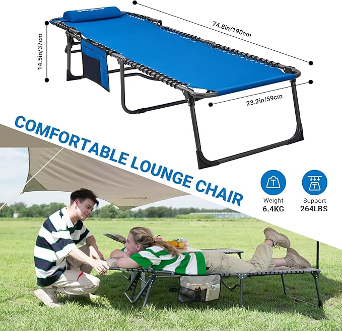 KingCamp Lounge Chair Outdoor, Folding Tanning Chairs Comfy Adjustable 5-Position Lay Flat Foldable Chaise Chaser Lounger with Pillow for Outside Beach Patio Sun Bathing Pool Backyard, Blue