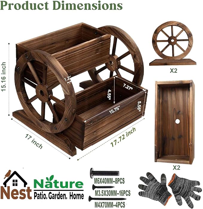NestNature Wooden Wagon Planter Box,Raised Garden Bed,Decorative Garden Planters with Wheels-Outside Flower Pots for Indoor/Outdoor Décor Plants