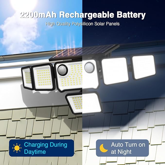 6000LM Solar Lights Outdoor Waterproof, 6 Heads Solar Flood Lights Outdoor with 2 Motion Sensor, 310 LED Motion Light with Remote Control for Yard Outside House Patio 2 Pack