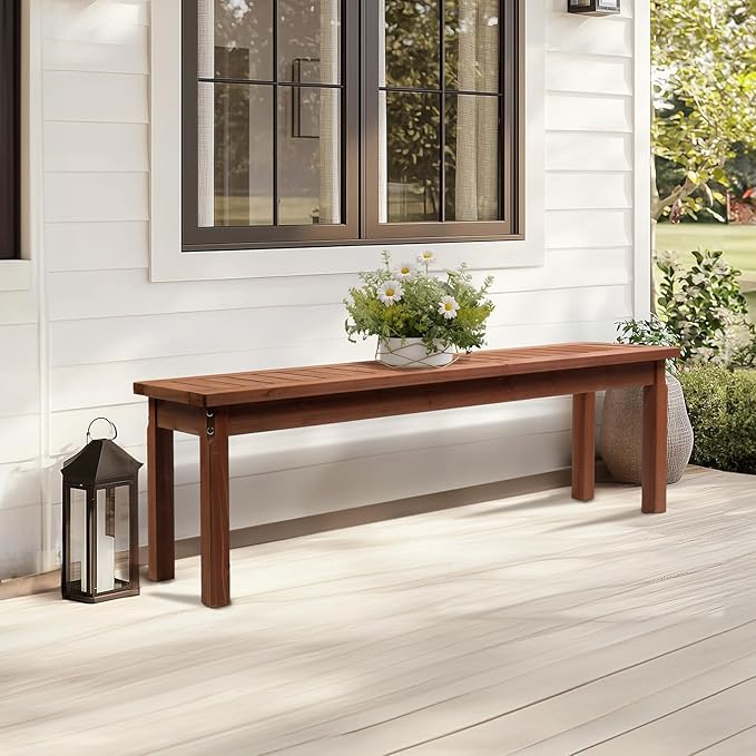 VINGLI Outdoor Wooden Bench, 62” Porch Bench Outdoor Backless Garden Bench, Small Outdoor Bench for Deck Patio Entryway (Brown, 62in)