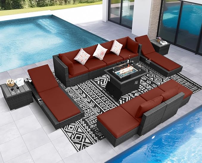 NICESOUL 13 Piece Wicker Outdoor Patio Furniture Set with Fire Pit, XL Size 10-Seater Patio Sectional with Firepit & Chaise Lounge, All Weather 500 lbs Heavy Duty Outside Sofa, Grey & Red