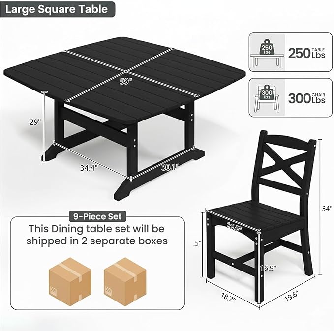 Outdoor Dining Set, HDPE 9-Piece Patio Table and Chairs Set, All-Weather Outdoor Dining Table Set for 8 with Umbrella Hole, Durable Patio Furniture Set with Chairs,Black