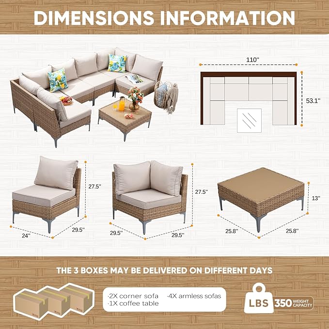 7 Piece Wicker Patio Furniture Set,Outdoor Conversation Sectional Sofa w/Coffee Table,All-Weather Outdoor Sofa with Thick and Anti-Slip Cushions for Deck,Poolside,Garden,Beige