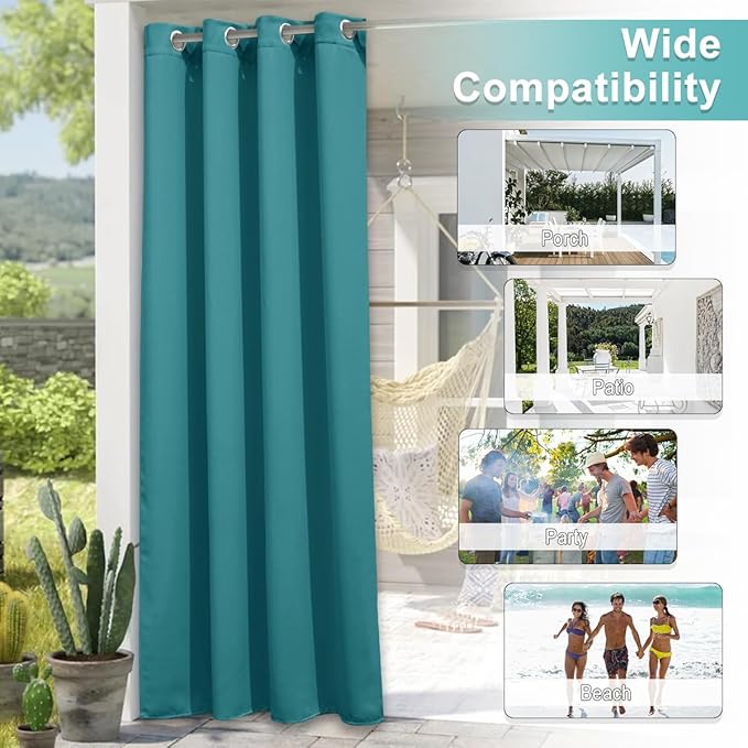 NICETOWN Outdoor Patio Curtains Waterproof 84 inches Long, Rustproof Grommet Gazebo Curtains Thermal Curtains Indoor Outdoor Window Drapes for Porch/Pergola, Peacock Teal, W52 x L84, 1 Panel