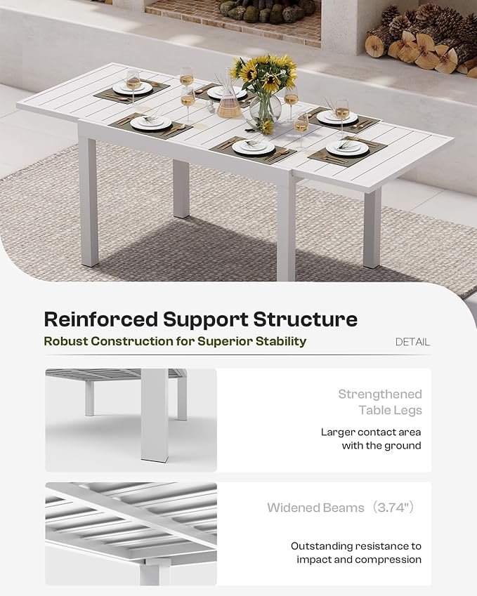 Outdoor Aluminum Patio Dining Table Set for 6-8 Person, Expandable Outdoor Table and 8 Chairs with Textilene Fabric & HDPS Armrest, All-Weather Patio Furniture Set for Yard, Garden, White