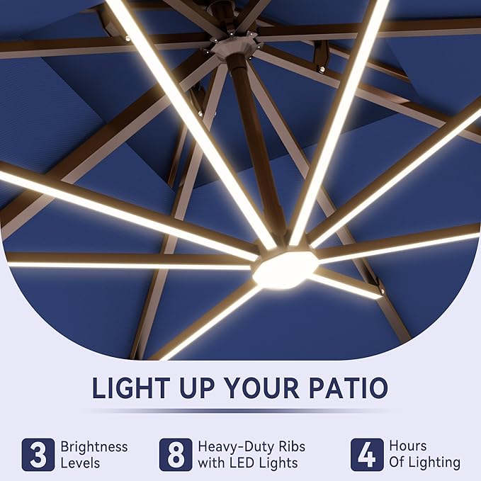 10 X 13 FT Cantilever Outdoor Patio Umbrella with Base Included Large Heavy Duty 360° Rotation Double Top Offset Rectangular Umbrellas with Led Lights for Backyard Outside Deck, NAVY