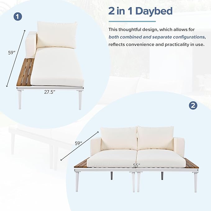 LUMISOL Outdoor Patio Daybed Metal Daybed with Cushions and Wood Topped Side Spaces for Drinks, 2 in 1 Padded Chaise Lounges for Poolside, Balcony, Deck, Beige