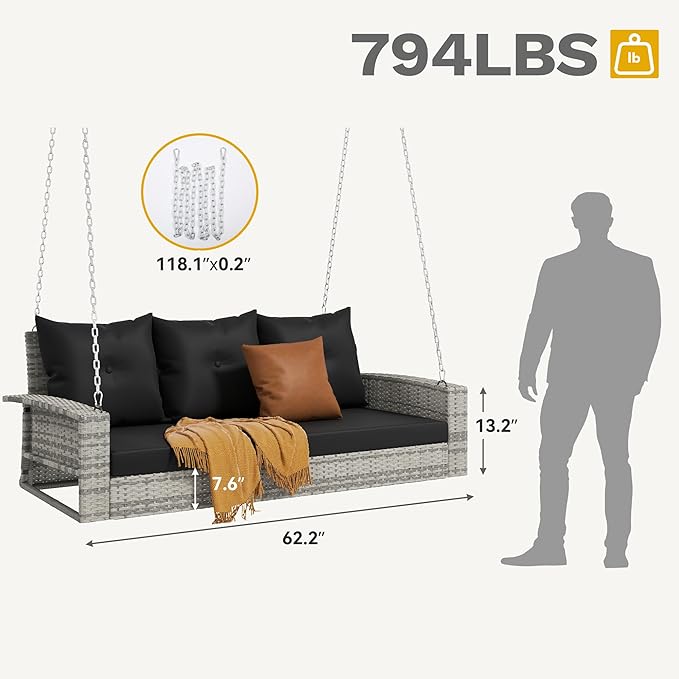 DWVO 3-Seats Wicker Hanging Porch Swing Chair Outdoor Gray Rattan Patio Swing Lounge 3 Back Cushions Capacity for Garden, Balcony, Gray Rattan Black Cushion